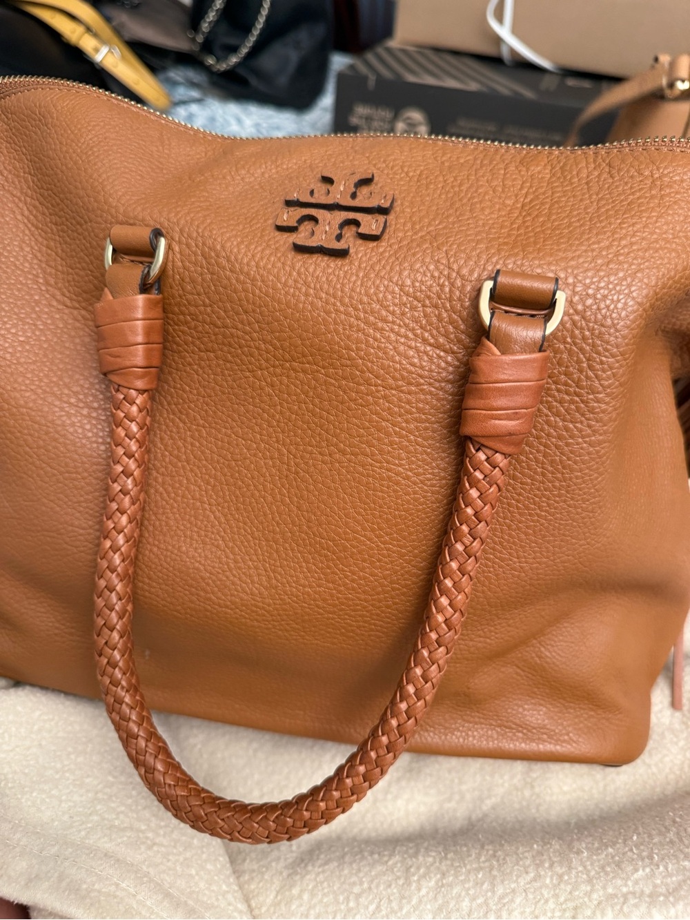 Tory Burch Taylor Satchel  Cognac Pebbled Leather Braided-Handle Shoulder Bag